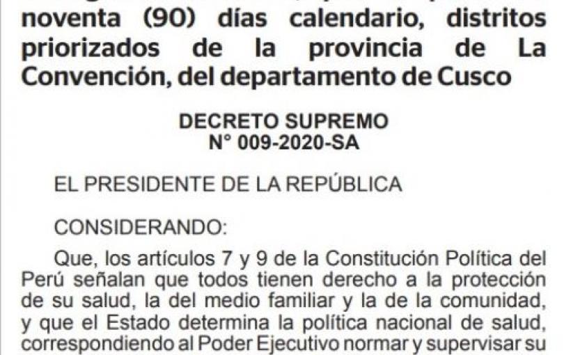 Declaran en emergencia sanitaria por dengue en La Convención Comprende a los distritos de Santa Ana, Maranura y Echarati.